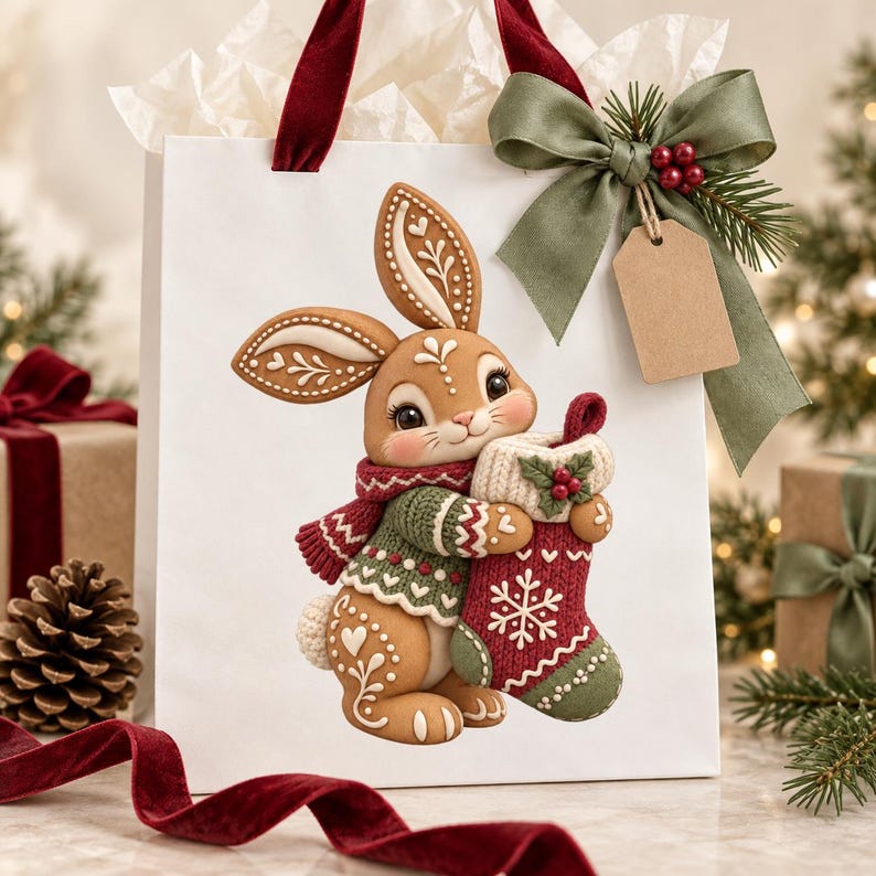 Puede incluir: Una bolsa de regalo blanca con una ilustraci&oacute;n de un conejo de jengibre que lleva un su&eacute;ter y una bufanda verde y roja, sosteniendo un calcet&iacute;n de punto rojo y verde. La bolsa est&aacute; decorada con un lazo verde salvia, bayas rojas y una etiqueta marr&oacute;n.