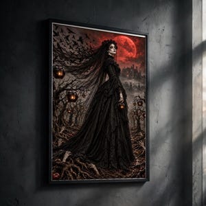 May include: A framed wall art print depicting a figure in a long black gown and veil standing in a dark forest. The scene features glowing lanterns hanging from twisted trees, hands emerging from the ground, and a large red moon in the sky.