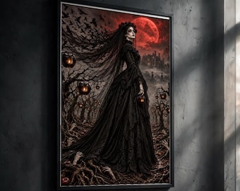 May include: A framed wall art print depicting a figure in a long black gown and veil standing in a dark forest. The scene features glowing lanterns hanging from twisted trees, hands emerging from the ground, and a large red moon in the sky.