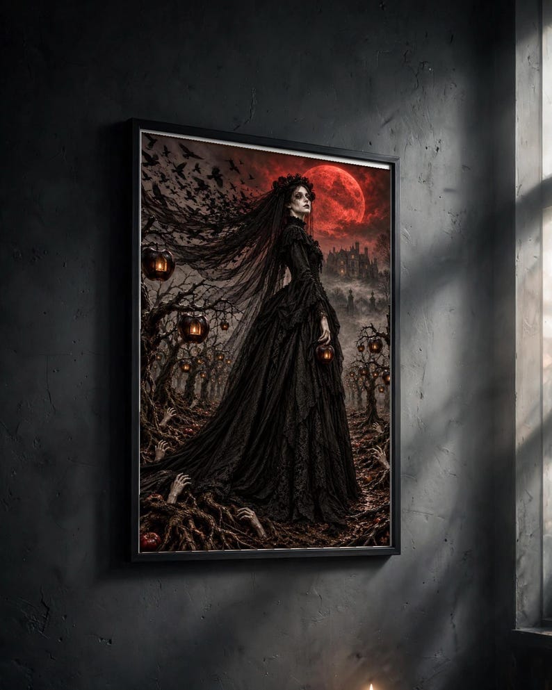 May include: A framed wall art print depicting a figure in a long black gown and veil standing in a dark forest. The scene features glowing lanterns hanging from twisted trees, hands emerging from the ground, and a large red moon in the sky.