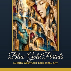 May include: Wall art print titled Blue-Gold Portals featuring two large faces integrated into a landscape of stone arches, stairways, and water. The composition uses a palette of deep blue, gold, and cream with textured details and small figures.