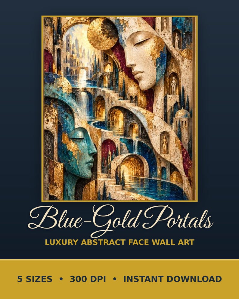 May include: Wall art print titled Blue-Gold Portals featuring two large faces integrated into a landscape of stone arches, stairways, and water. The composition uses a palette of deep blue, gold, and cream with textured details and small figures.