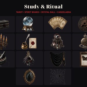 May include: A collection of items labeled Study & Ritual including tarot cards, a crystal ball, a candelabra, books, a quill and ink, keys, a pocket watch, a mortar and pestle, dried herbs, a black curtain, a framed butterfly, a mirror, and a spiderweb.