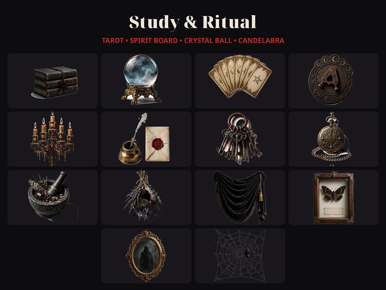 May include: A collection of items labeled Study & Ritual including tarot cards, a crystal ball, a candelabra, books, a quill and ink, keys, a pocket watch, a mortar and pestle, dried herbs, a black curtain, a framed butterfly, a mirror, and a spiderweb.