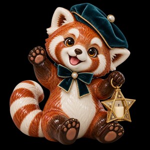 May include: A ceramic red panda figurine featuring a dark teal velvet-textured beret with a pearl accent, a matching bow tie, and a star-shaped lantern. The red panda has white and brown fur, a striped tail, and is waving one paw.