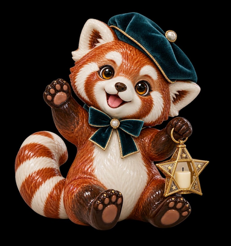 May include: A ceramic red panda figurine featuring a dark teal velvet-textured beret with a pearl accent, a matching bow tie, and a star-shaped lantern. The red panda has white and brown fur, a striped tail, and is waving one paw.