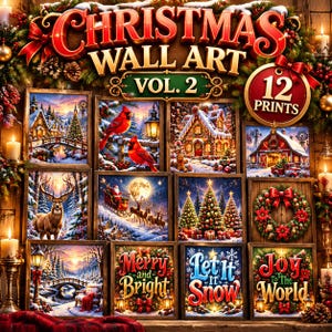 Christmas Wall Art Prints Vol. 2 | 12 Prints in 5 Sizes Each | Cozy Village, Cardinals, Gingerbread | Personal Use image 1