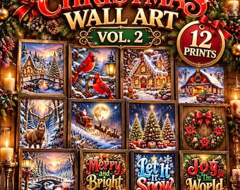 Láminas navideñas para pared, vol. 2 / 12 láminas en 5 tamaños cada una / Pueblo acogedor, cardenales, pan de jengibre / Uso personal