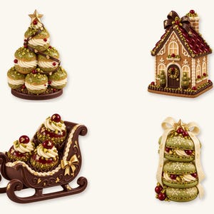 May include: A collection of four decorative chocolate sculptures featuring a pistachio cream puff tree, a detailed gingerbread house, a dark chocolate sleigh filled with cream-filled pastries, and a stack of green macarons tied with a white ribbon.