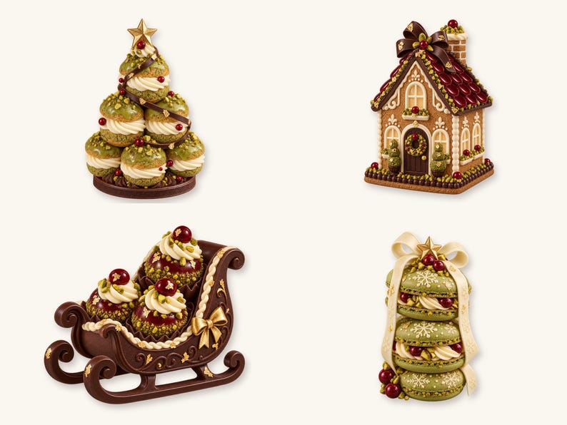 May include: A collection of four decorative chocolate sculptures featuring a pistachio cream puff tree, a detailed gingerbread house, a dark chocolate sleigh filled with cream-filled pastries, and a stack of green macarons tied with a white ribbon.