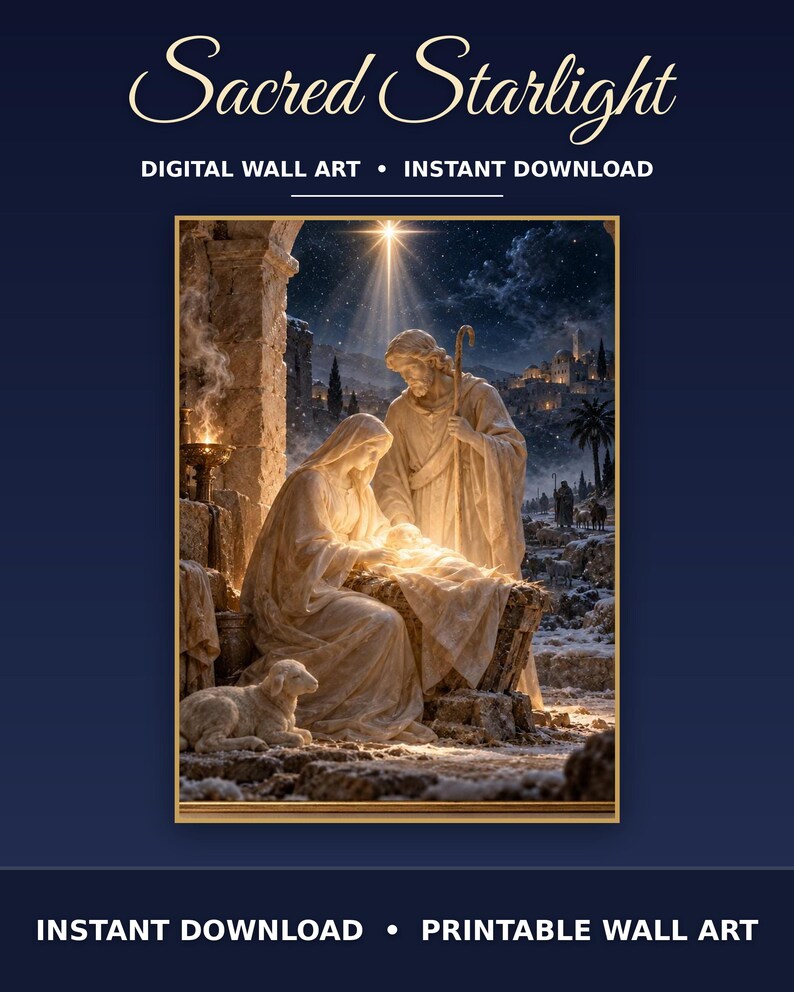 May include: Digital wall art titled Sacred Starlight featuring a nativity scene with figures in robes, a small lamb, and a bright star in a night sky. The text reads Sacred Starlight, Digital Wall Art, Instant Download, Printable Wall Art.