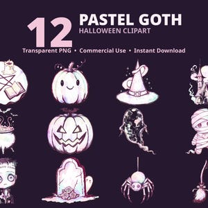 May include: A collection of 12 digital illustrations titled 12 PASTEL GOTH HALLOWEEN CLIPART. The set includes a pentagram, pumpkins, a witch hat, a haunted house, a cauldron, a ghost, a mummy, a monster, a tombstone, a spider, and a broom.