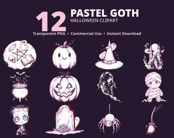 Pastel Goth Halloween Clipart, 12 Pastel Halloween PNG, Cute Spooky Ghost Pumpkin, Creepy Cute Sublimation, Transparent, Commercial Use