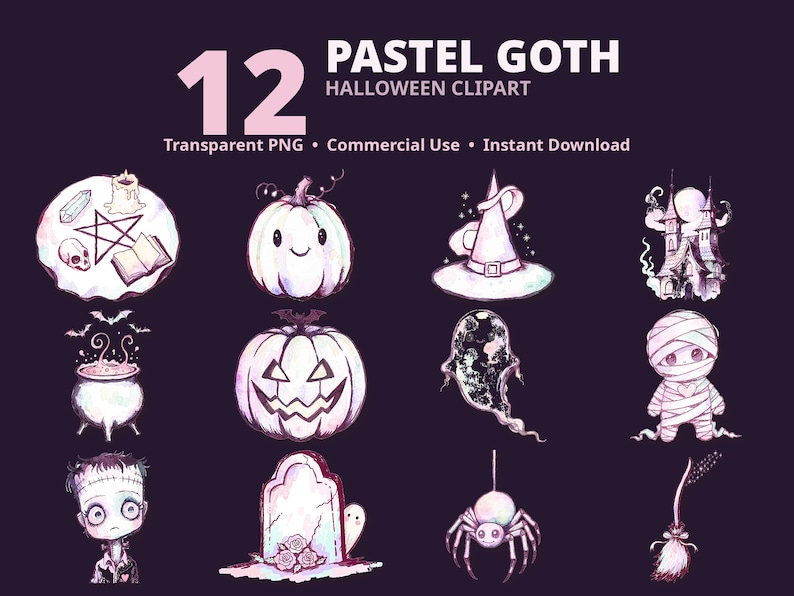 May include: A collection of 12 digital illustrations titled 12 PASTEL GOTH HALLOWEEN CLIPART. The set includes a pentagram, pumpkins, a witch hat, a haunted house, a cauldron, a ghost, a mummy, a monster, a tombstone, a spider, and a broom.