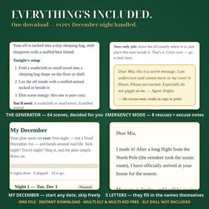 May include: A digital planning guide on a dark green background with white text titled EVERYTHING'S INCLUDED. It features four white rectangular boxes containing instructions for elf activities, emergency notes, a December calendar, and a welcome letter.