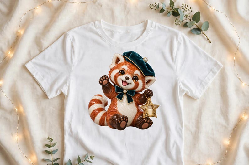 May include: A white t-shirt featuring a graphic of a red panda wearing a dark green beret and a matching bow tie. The red panda is waving one paw and holding a gold star-shaped lantern in the other, with a striped tail curled beside it.