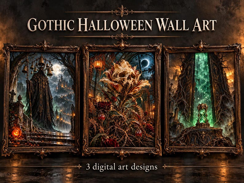 May include: Three framed digital art prints titled GOTHIC HALLOWEEN WALL ART and 3 digital art designs. The left shows a cloaked figure with bells, the center a skull-shaped flower, and the right a glowing green portal with an hourglass.
