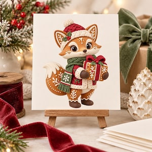 Puede incluir: Una tarjeta de felicitaci&oacute;n cuadrada sobre un peque&ntilde;o caballete de madera que muestra un zorro de dibujos animados con un gorro de punto rojo y una bufanda verde, sosteniendo un regalo envuelto. El zorro tiene detalles de pelaje blanco, patas marrones y una chaqueta roja con ribete blanco. El dise&ntilde;o incluye patrones de copos de nieve y bayas de acebo sobre un fondo blanco.