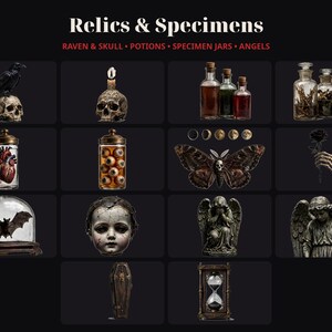 May include: A collection of gothic-themed decor items titled Relics & Specimens, featuring a raven on a skull, potion bottles, specimen jars with organs and eyes, a moth, a skeletal hand with a rose, a bat in a dome, a doll head, and angels.
