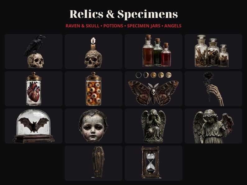 May include: A collection of gothic-themed decor items titled Relics & Specimens, featuring a raven on a skull, potion bottles, specimen jars with organs and eyes, a moth, a skeletal hand with a rose, a bat in a dome, a doll head, and angels.