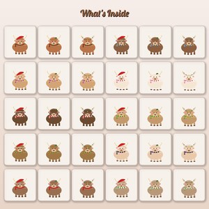 May include: A grid of thirty square icons featuring cartoon highland cows in various colors, wearing different hats and scarves. The text What's Inside is centered at the top. Each cow has horns and a distinct accessory combination.