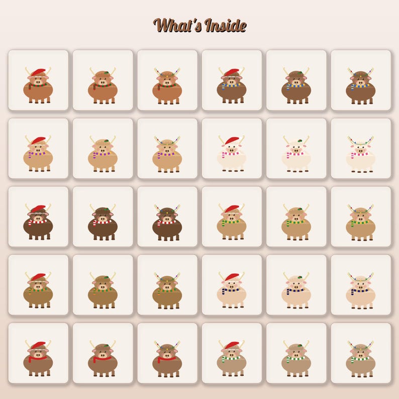May include: A grid of thirty square icons featuring cartoon highland cows in various colors, wearing different hats and scarves. The text What's Inside is centered at the top. Each cow has horns and a distinct accessory combination.