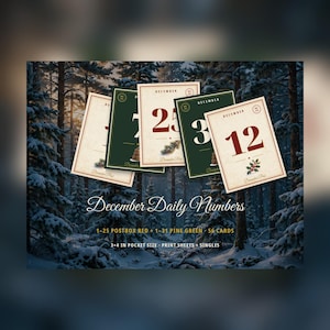 May include: A set of 56 December Daily Numbers cards in 3x4 inch pocket size. The cards feature red or green backgrounds with numbers 1-31, holiday illustrations, and the text December Daily Numbers, 1-25 Postbox Red + 1-31 Pine Green, 56 Cards.