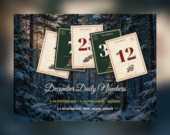 December Daily Numbers 1-25 & 1-31, Advent Calendar Numbers, Christmas Junk Journal Ephemera Add-On, 56 Cards 3x4 Printable, 8.5x11