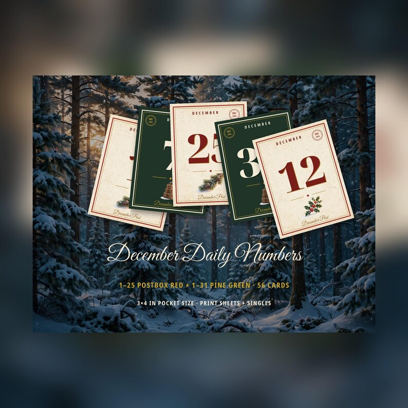 May include: A set of 56 December Daily Numbers cards in 3x4 inch pocket size. The cards feature red or green backgrounds with numbers 1-31, holiday illustrations, and the text December Daily Numbers, 1-25 Postbox Red + 1-31 Pine Green, 56 Cards.