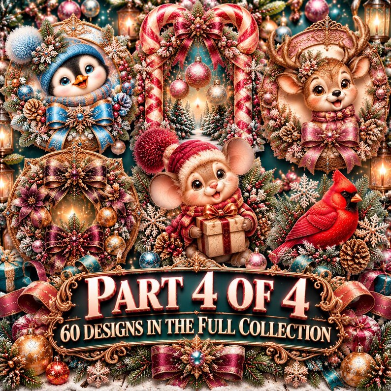 May include: A festive holiday collage featuring a penguin, a deer, and a mouse holding a gift, all surrounded by wreaths, ornaments, and pine branches. A central banner displays the text: PART 4 OF 4 60 DESIGNS IN THE FULL COLLECTION.