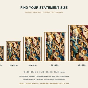 May include: A digital art print titled BLUE-GOLD PORTALS featuring a surreal scene of faces and staircases in blue, gold, and cream tones. Five size variations are displayed with labels: 18x24, 24x32, 30x40, 36x48, and 45x60 inches.