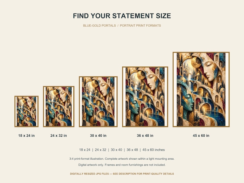 May include: A digital art print titled BLUE-GOLD PORTALS featuring a surreal scene of faces and staircases in blue, gold, and cream tones. Five size variations are displayed with labels: 18x24, 24x32, 30x40, 36x48, and 45x60 inches.