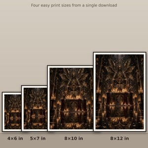 May include: A digital art print featuring a winged skeleton figure seated on a throne in a candlelit hall. The text reads: ONE FILE &middot; PRINTS BEST UP TO 8x12" Four easy print sizes from a single download. Sizes listed are 4x6 in, 5x7 in, 8x10 in, 8x12 in.