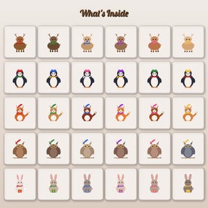 May include: A grid of thirty square icons featuring cartoon animals including reindeer, penguins, squirrels, owls, and rabbits, each with colorful accessories. The text "What's Inside" is centered at the top in a dark brown script font.