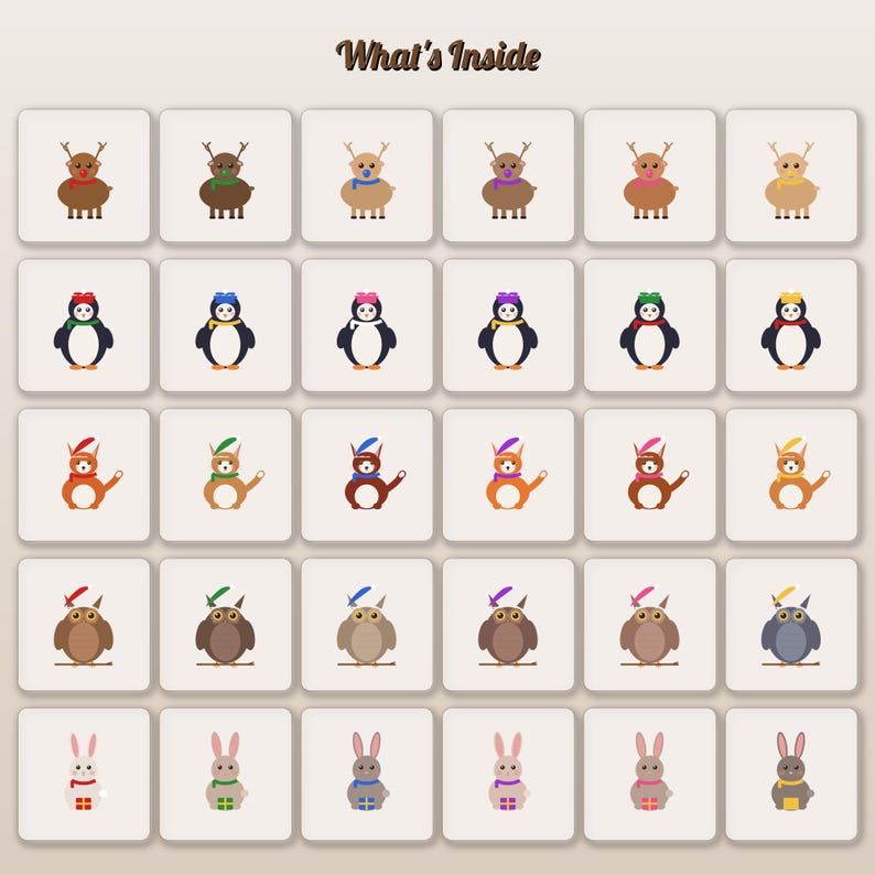 May include: A grid of thirty square icons featuring cartoon animals including reindeer, penguins, squirrels, owls, and rabbits, each with colorful accessories. The text "What's Inside" is centered at the top in a dark brown script font.