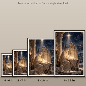 May include: A digital art print featuring a nativity scene with figures in a stone archway under a bright star. Text reads: ONE FILE &middot; PRINTS BEST UP TO 8x12" and Four easy print sizes from a single download, with labels 4x6 in, 5x7 in, 8x10 in, 8x12 in.