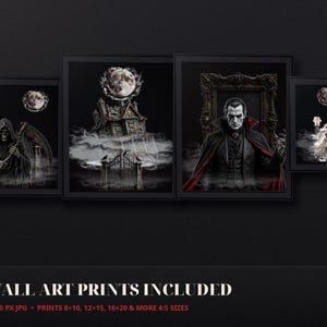 May include: A set of wall art prints featuring dark imagery including a cloaked figure with a scythe, a haunted house under a full moon, a vampire in a formal suit, and a ghostly figure, with text stating 10 WALL ART PRINTS INCLUDED.