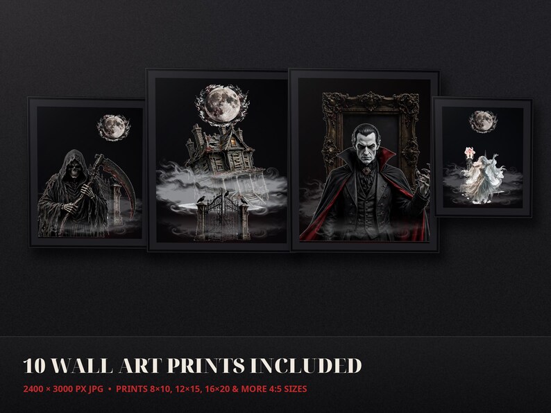 May include: A set of wall art prints featuring dark imagery including a cloaked figure with a scythe, a haunted house under a full moon, a vampire in a formal suit, and a ghostly figure, with text stating 10 WALL ART PRINTS INCLUDED.