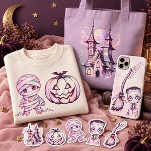 May include: A cream-colored sweatshirt featuring a mummy and a jack-o'-lantern, a lavender tote bag with a haunted house illustration, and a phone case depicting a character with a broom, accompanied by five matching stickers.