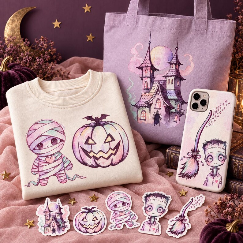 May include: A cream-colored sweatshirt featuring a mummy and a jack-o'-lantern, a lavender tote bag with a haunted house illustration, and a phone case depicting a character with a broom, accompanied by five matching stickers.