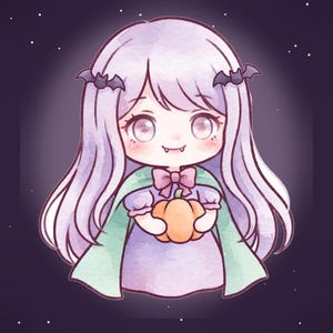 Puede incluir: Una ilustraci&oacute;n estilo chibi de un personaje con cabello largo de color violeta claro, peque&ntilde;os colmillos y dos pinzas para el cabello de murci&eacute;lago negro. El personaje viste un vestido violeta claro con un lazo rosa y una capa verde claro.