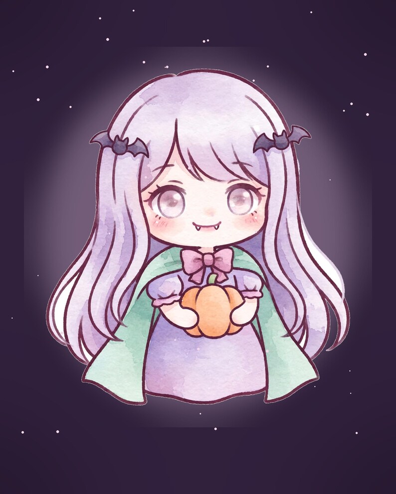 Puede incluir: Una ilustraci&oacute;n estilo chibi de un personaje con cabello largo de color violeta claro, peque&ntilde;os colmillos y dos pinzas para el cabello de murci&eacute;lago negro. El personaje viste un vestido violeta claro con un lazo rosa y una capa verde claro.