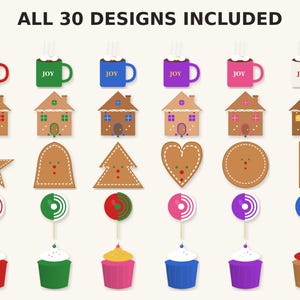 May include: A digital collection of 30 holiday-themed graphic designs arranged in five rows. The set includes colorful mugs labeled JOY, gingerbread houses, various cookie shapes, striped lollipops, and frosted cupcakes in vibrant colors.
