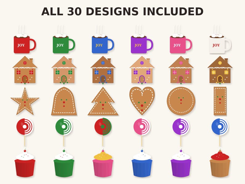 May include: A digital collection of 30 holiday-themed graphic designs arranged in five rows. The set includes colorful mugs labeled JOY, gingerbread houses, various cookie shapes, striped lollipops, and frosted cupcakes in vibrant colors.