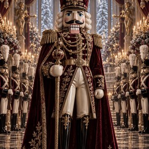 May include: A large nutcracker figure wearing a deep red velvet military-style coat with gold embroidery, a matching tall hat with a feather plume, white trousers, and black boots, holding a gold scepter in a grand hall setting.