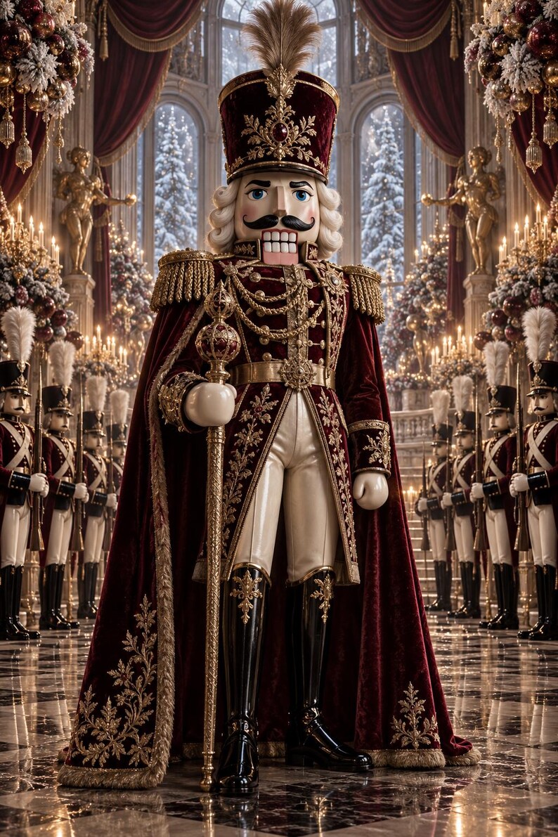 May include: A large nutcracker figure wearing a deep red velvet military-style coat with gold embroidery, a matching tall hat with a feather plume, white trousers, and black boots, holding a gold scepter in a grand hall setting.