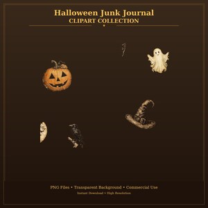 May include: A digital clipart collection titled Halloween Junk Journal featuring a carved orange pumpkin, a white ghost, a brown witch hat, a black raven on a branch, and a crescent moon on a dark brown background with text.