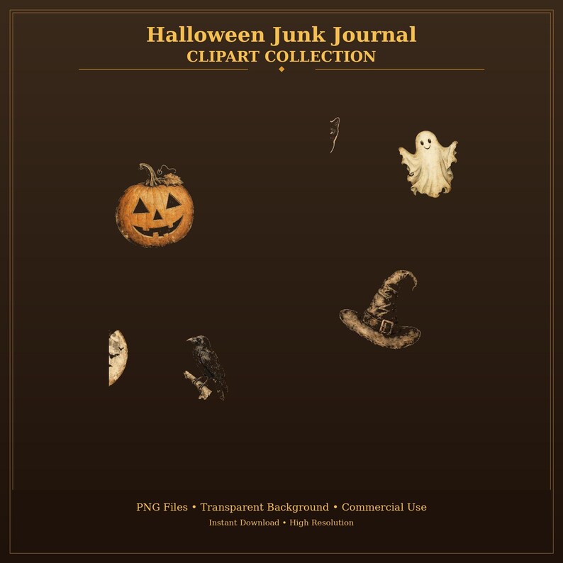 May include: A digital clipart collection titled Halloween Junk Journal featuring a carved orange pumpkin, a white ghost, a brown witch hat, a black raven on a branch, and a crescent moon on a dark brown background with text.
