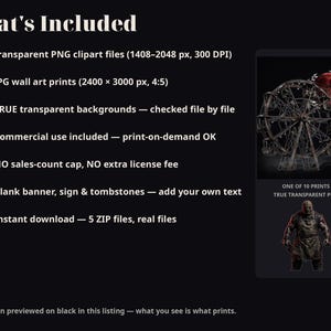 K&ouml;nnte beinhalten: Ein digitales Produktangebot mit dem Titel What's Included, das 40 transparente PNG-Clipart-Dateien und 10 JPG-Wandkunstdrucke enth&auml;lt. Das Bild zeigt eine dunkle Riesenradgrafik mit einem roten Mond und einer Figur.