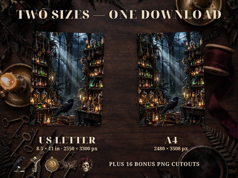 May include: Digital download featuring two sizes, US Letter and A4 2480 x 3508 px, displaying a dark apothecary scene with shelves of glowing bottles, a raven on books, and candles. Includes text: TWO SIZES &mdash; ONE DOWNLOAD, US LETTER, A4, PLUS 16 BONUS PNG CUTOUTS.